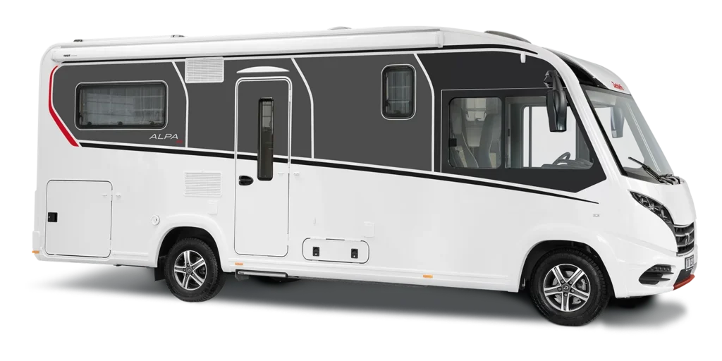 Dethleffs Alpa I 6820-2: modernes integriertes Wohnmobil mit markantem Design, großer Seitenfensterfläche und großzügigem Stauraum, ideal für komfortables Reisen.